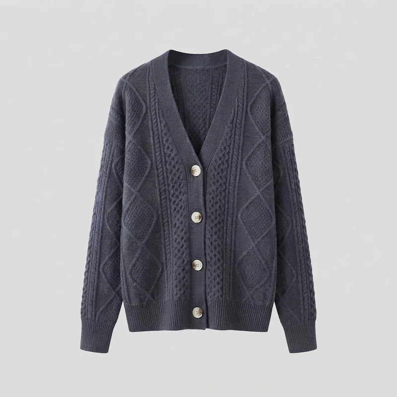 Damen Feiner Wollmix-Cardigan mit Zopfmuster, V‑Ausschnitt und Perlmuttknöpfen Nord Taschen