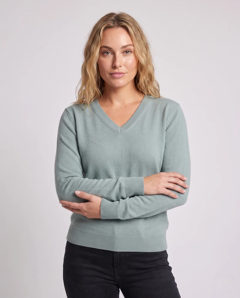 Damen Feiner V-Ausschnittpullover aus Baumwoll-Kaschmir-Mischung mit schmaler Schulternaht Nord Taschen