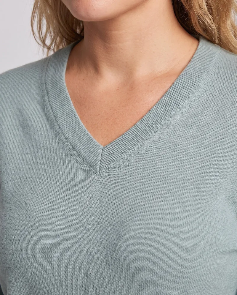 Damen Feiner V-Ausschnittpullover aus Baumwoll-Kaschmir-Mischung mit schmaler Schulternaht Nord Taschen