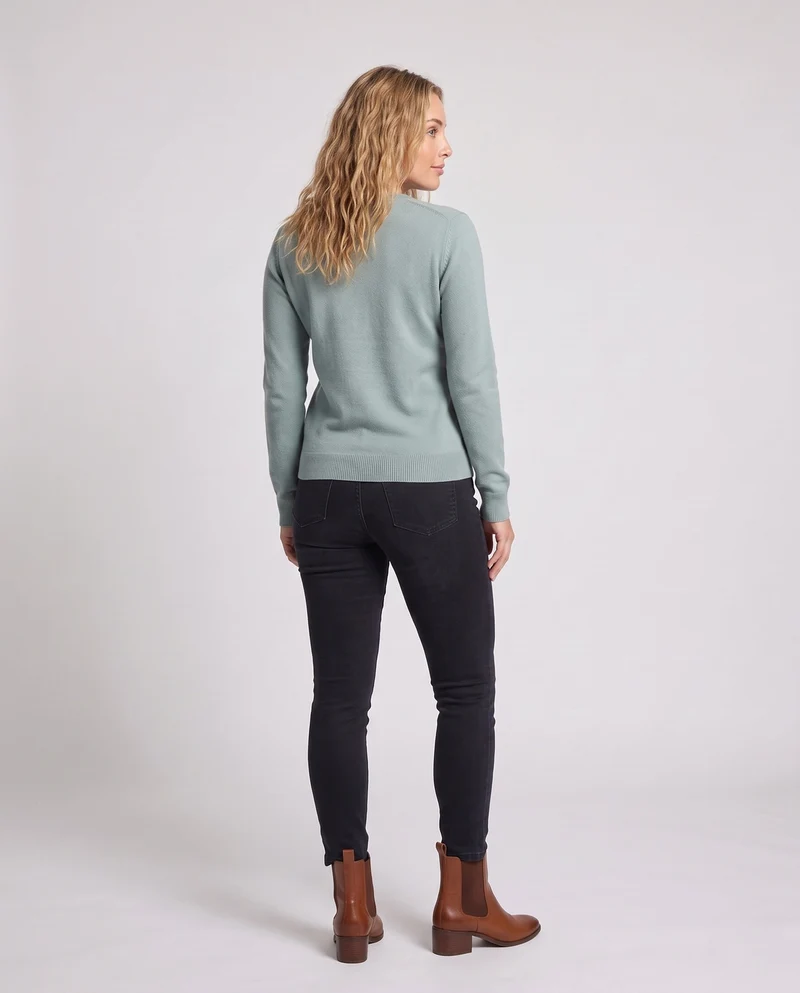 Damen Feiner V-Ausschnittpullover aus Baumwoll-Kaschmir-Mischung mit schmaler Schulternaht Nord Taschen