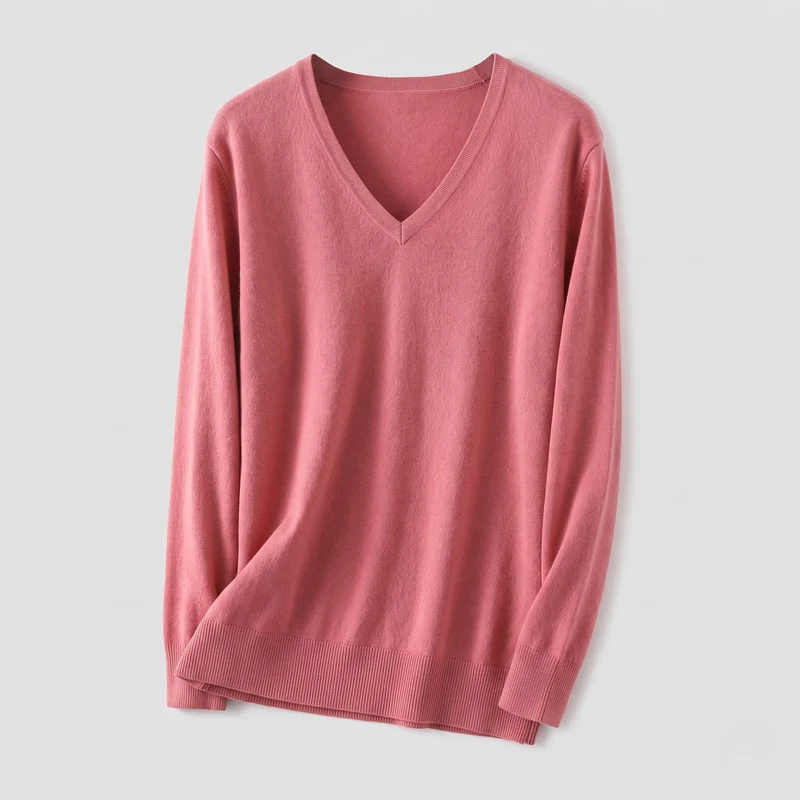 Damen Feiner V-Ausschnittpullover aus Baumwoll-Kaschmir-Mischung mit schmaler Schulternaht Nord Taschen