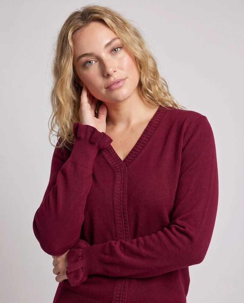 Damen Feiner V‑Ausschnitt-Feinstrickpullover mit plisseeverzierten Kanten und fließender Silhouette Nord Taschen