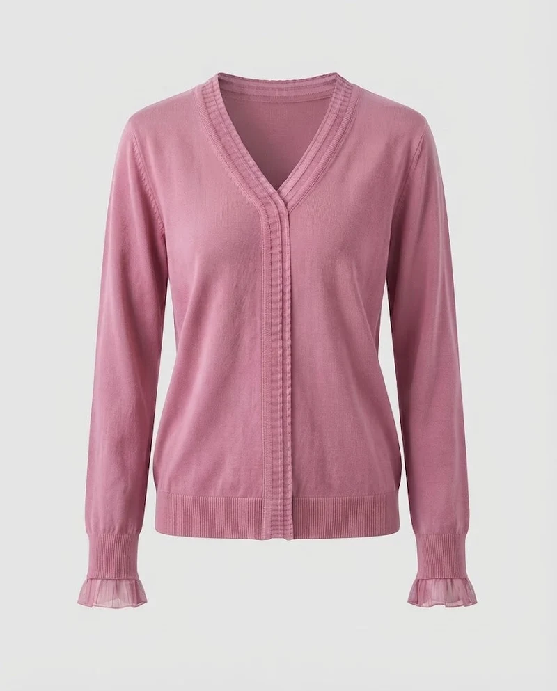Damen Feiner V‑Ausschnitt-Feinstrickpullover mit plisseeverzierten Kanten und fließender Silhouette Nord Taschen