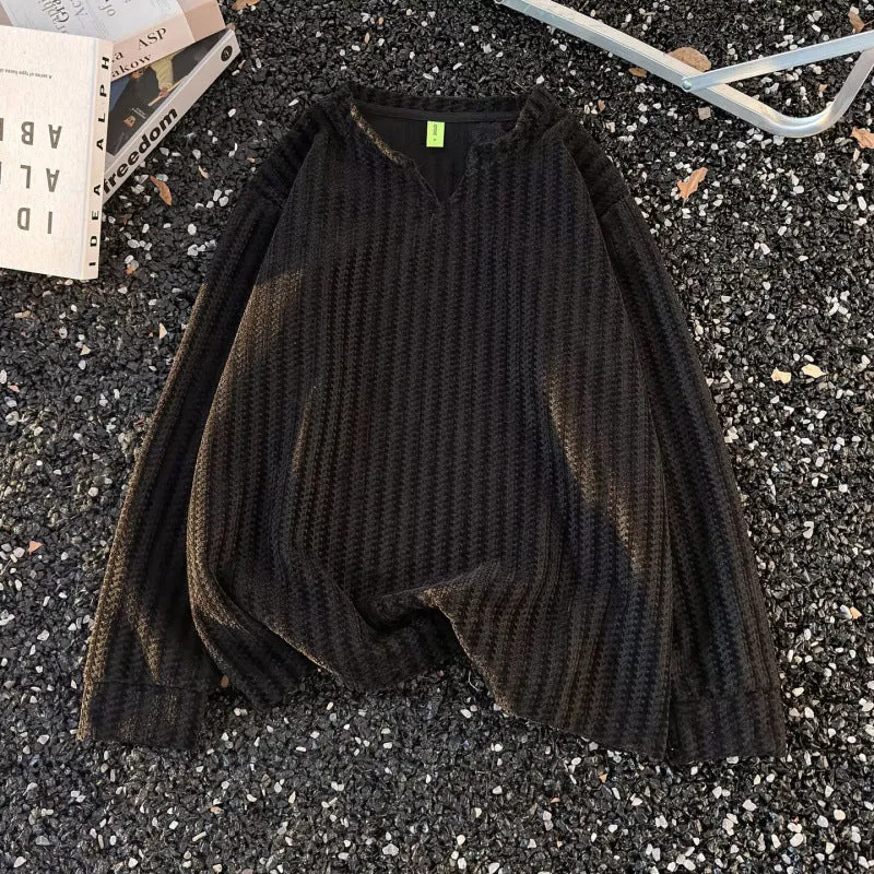 Damen Feinstrick-Pullover mit feiner Waffelstruktur, V-Notch-Ausschnitt und legerer Oversize-Passform Nord Taschen