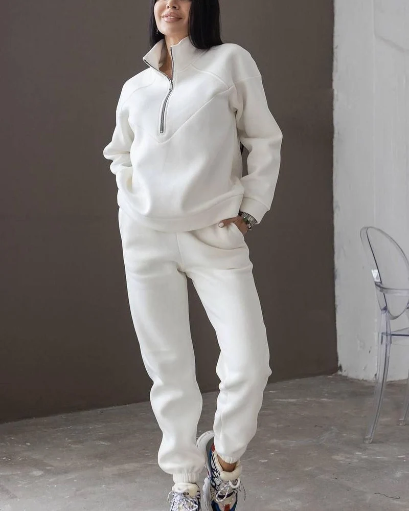 Damen Zweiteiliges Sweat-Loungewear-Set mit Troyer-Reißverschluss und elastischer Jogginghose Nord Taschen