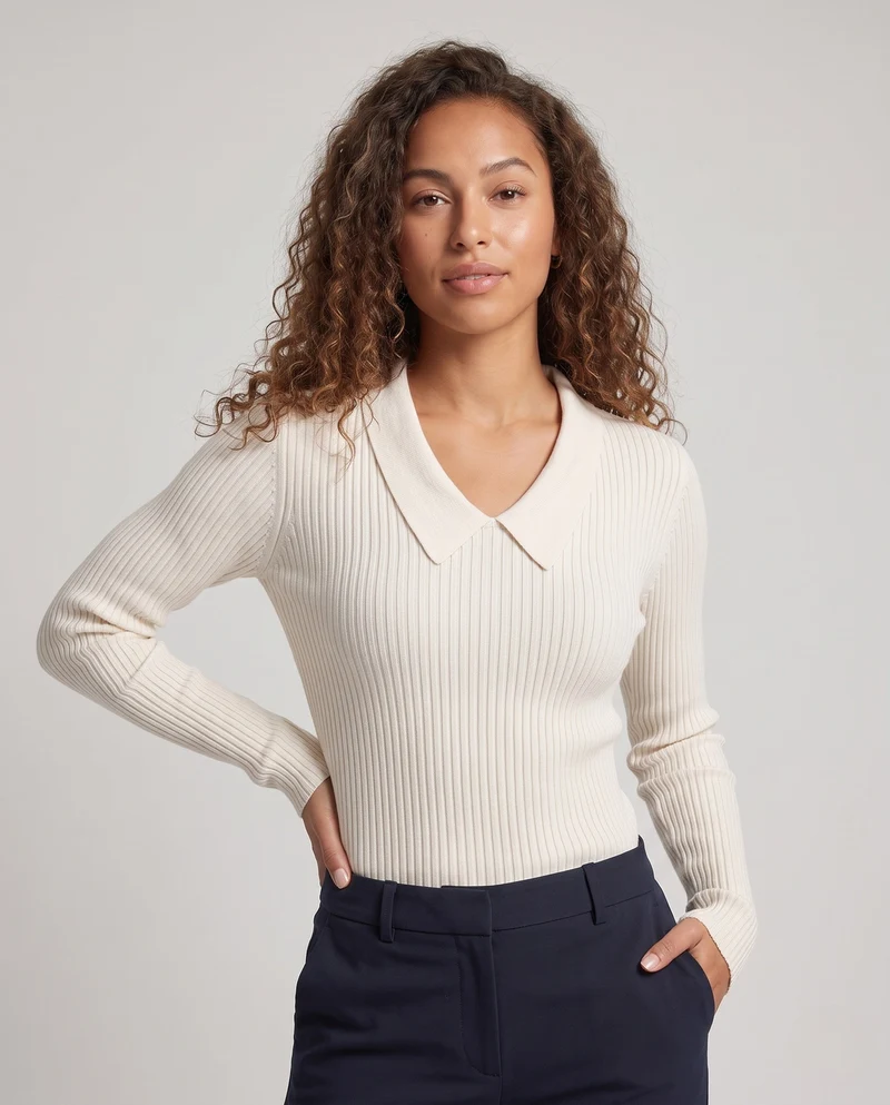 Damen Feiner gerippter Langarmpullover mit flachem Hemdkragen Nord Taschen