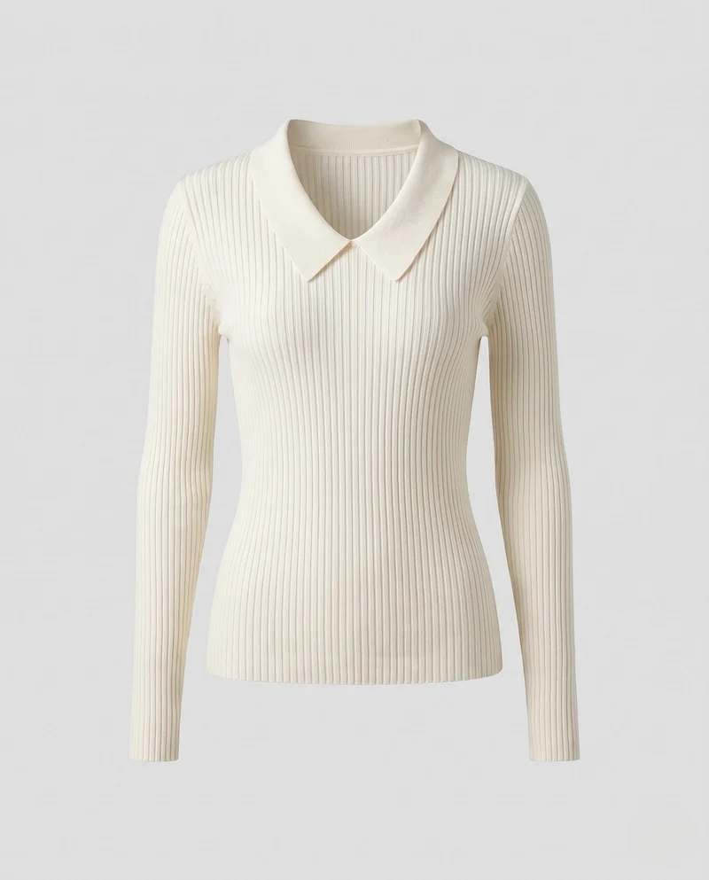 Damen Feiner gerippter Langarmpullover mit flachem Hemdkragen Nord Taschen