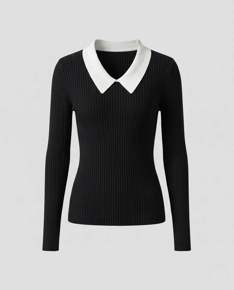 Damen Feiner gerippter Langarmpullover mit flachem Hemdkragen Nord Taschen