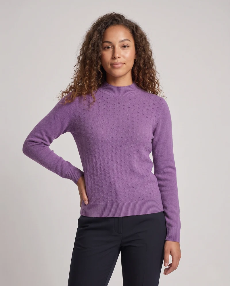 Damen Feiner Feinstrickpullover mit kurzem Stehkragen und Ajourstruktur Nord Taschen