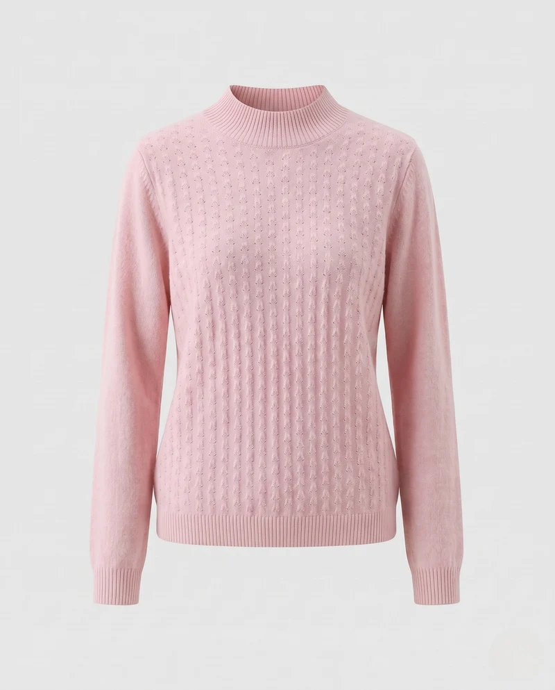 Damen Feiner Feinstrickpullover mit kurzem Stehkragen und Ajourstruktur Nord Taschen