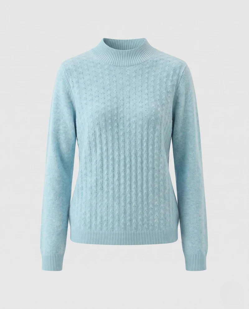 Damen Feiner Feinstrickpullover mit kurzem Stehkragen und Ajourstruktur Nord Taschen
