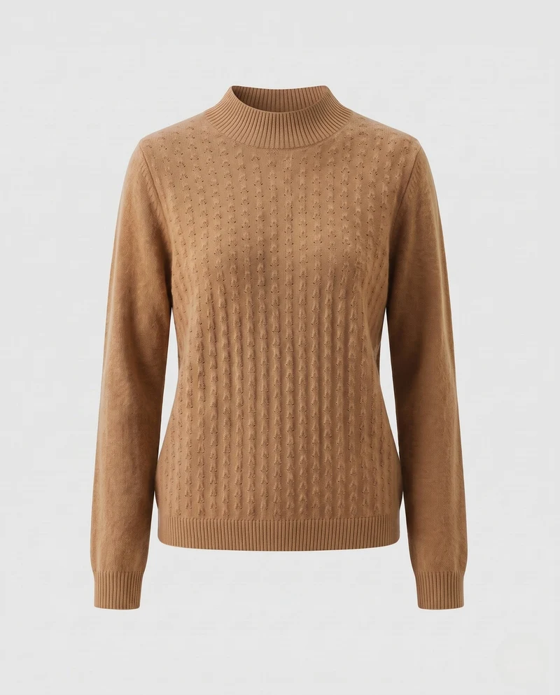 Damen Feiner Feinstrickpullover mit kurzem Stehkragen und Ajourstruktur Nord Taschen