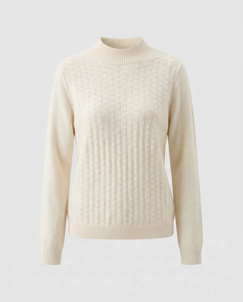 Damen Feiner Feinstrickpullover mit kurzem Stehkragen und Ajourstruktur Nord Taschen
