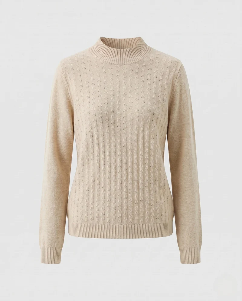 Damen Feiner Feinstrickpullover mit kurzem Stehkragen und Ajourstruktur Nord Taschen