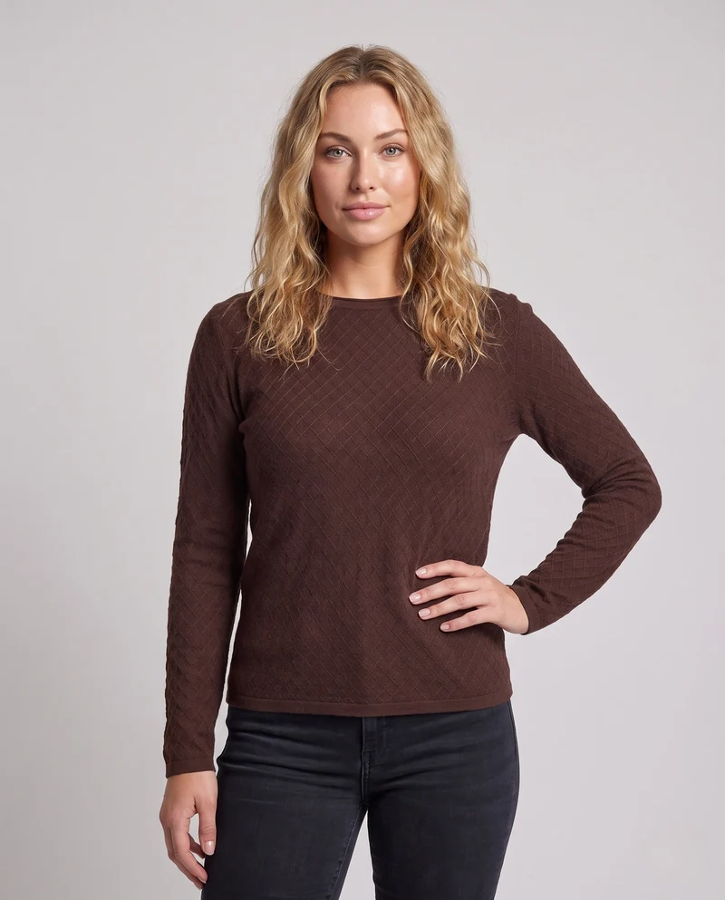 Damen Feiner Ajour‑Strickpullover mit Rundhalsausschnitt und leichter kastiger Silhouette Nord Taschen