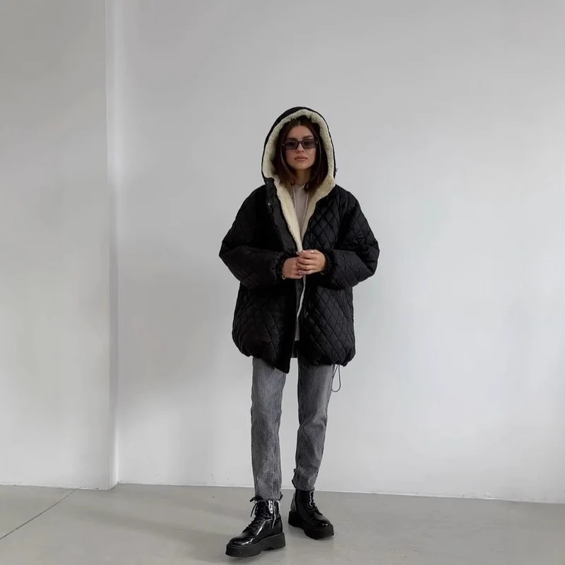 Damen Oversize Steppjacke mit Teddyfutter und Kapuze Nord Taschen