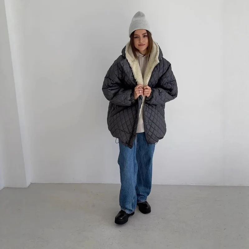 Damen Oversize Steppjacke mit Teddyfutter und Kapuze Nord Taschen