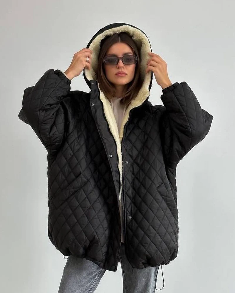 Damen Oversize Steppjacke mit Teddyfutter und Kapuze Nord Taschen