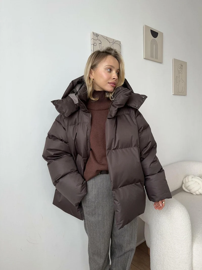 Damen Oversize Steppjacke mit Kapuze und wattierter Thermofüllung Nord Taschen