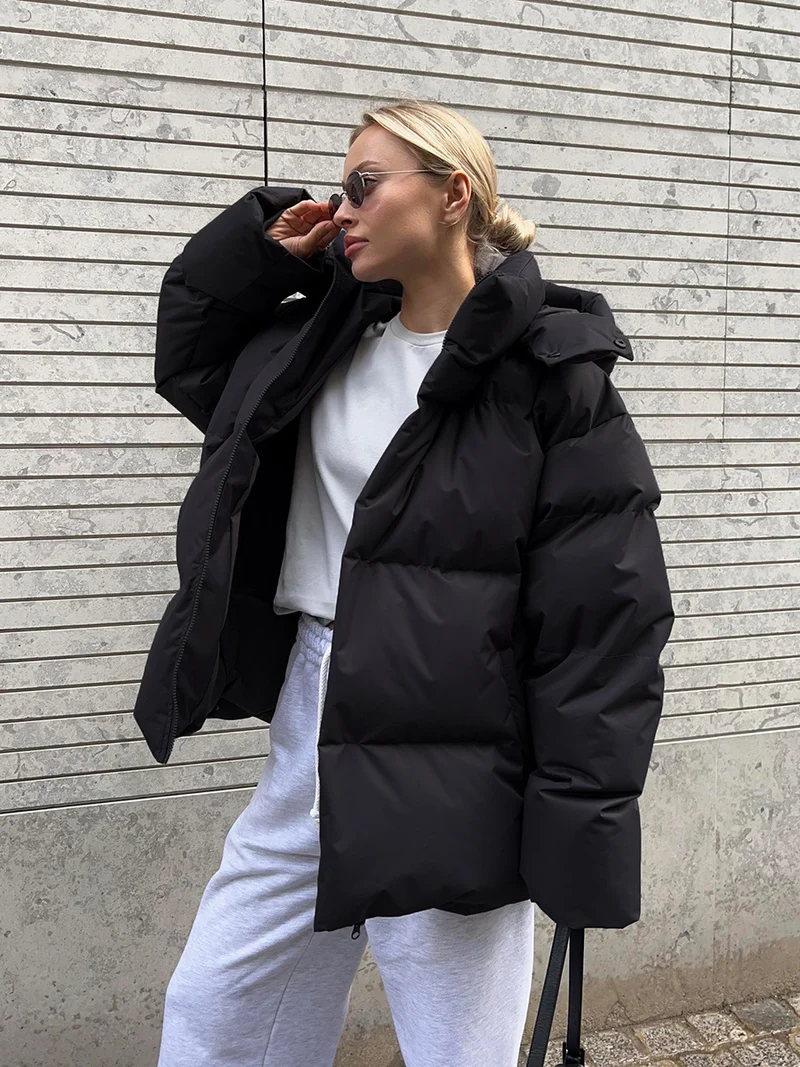 Damen Oversize Steppjacke mit Kapuze und wattierter Thermofüllung Nord Taschen