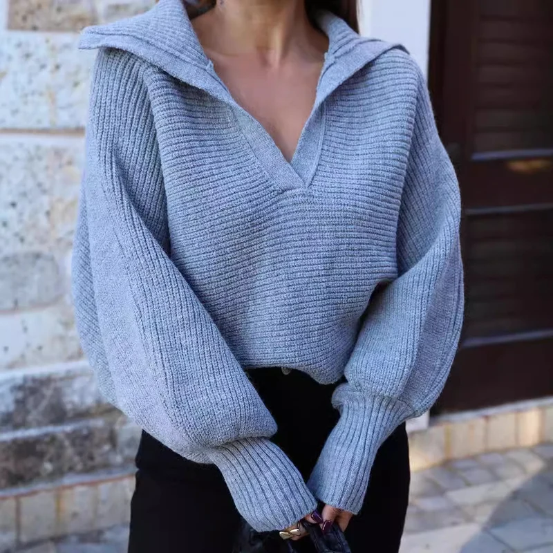 Damen Oversize Rippsweater mit Reverskragen und tiefem V‑Ausschnitt Nord Taschen