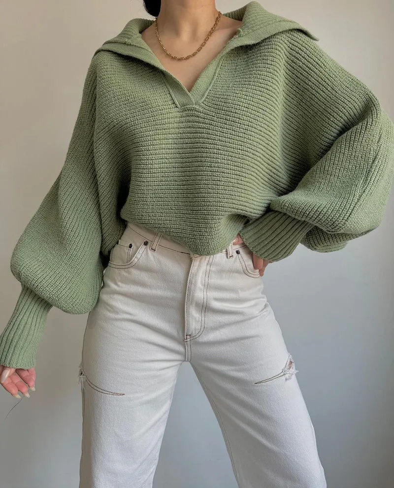 Damen Oversize Rippsweater mit Reverskragen und tiefem V‑Ausschnitt Nord Taschen