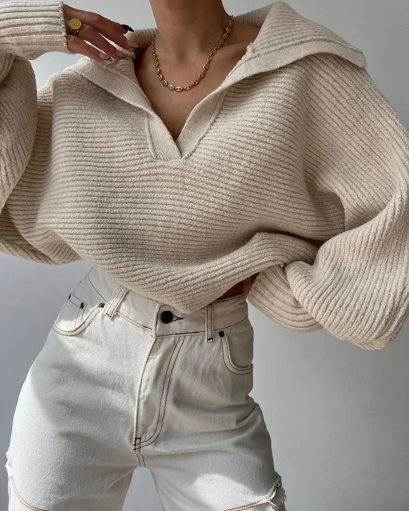 Damen Oversize Rippsweater mit Reverskragen und tiefem V‑Ausschnitt Nord Taschen