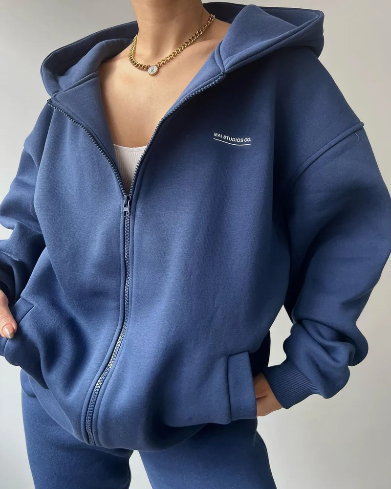 Damen Oversize Kapuzen-Sweatjacke mit Reißverschluss und High-Waist Jogginghose Set Nord Taschen