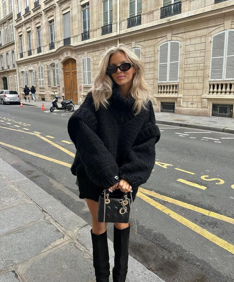Damen Oversize Grobstrickpullover mit hohem Rollkragen Nord Taschen