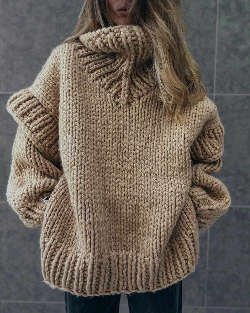 Damen Oversize Grobstrickpullover mit hohem Rollkragen Nord Taschen