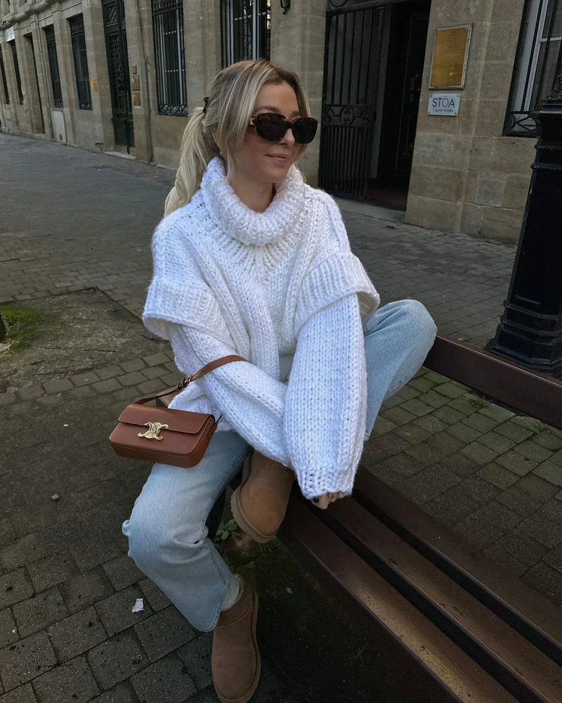 Damen Oversize Grobstrickpullover mit hohem Rollkragen Nord Taschen