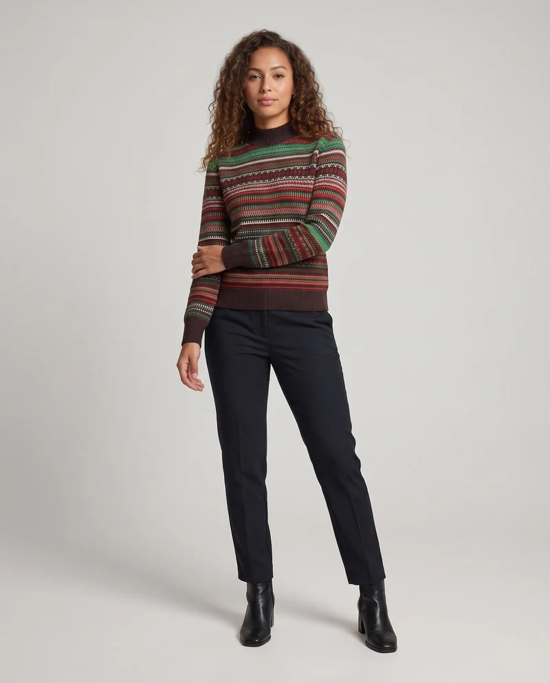 Damen Jacquard-Feinstrickpullover mit kurzem Stehkragen, kastiger Silhouette und Multistreifen-Design Nord Taschen
