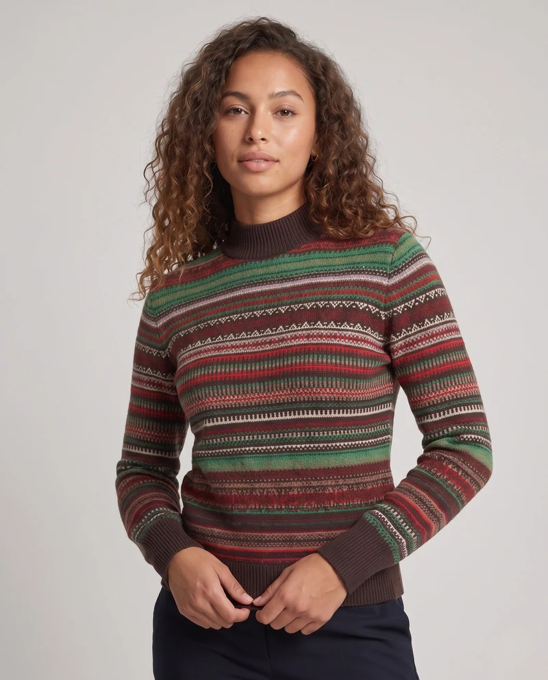 Damen Jacquard-Feinstrickpullover mit kurzem Stehkragen, kastiger Silhouette und Multistreifen-Design Nord Taschen
