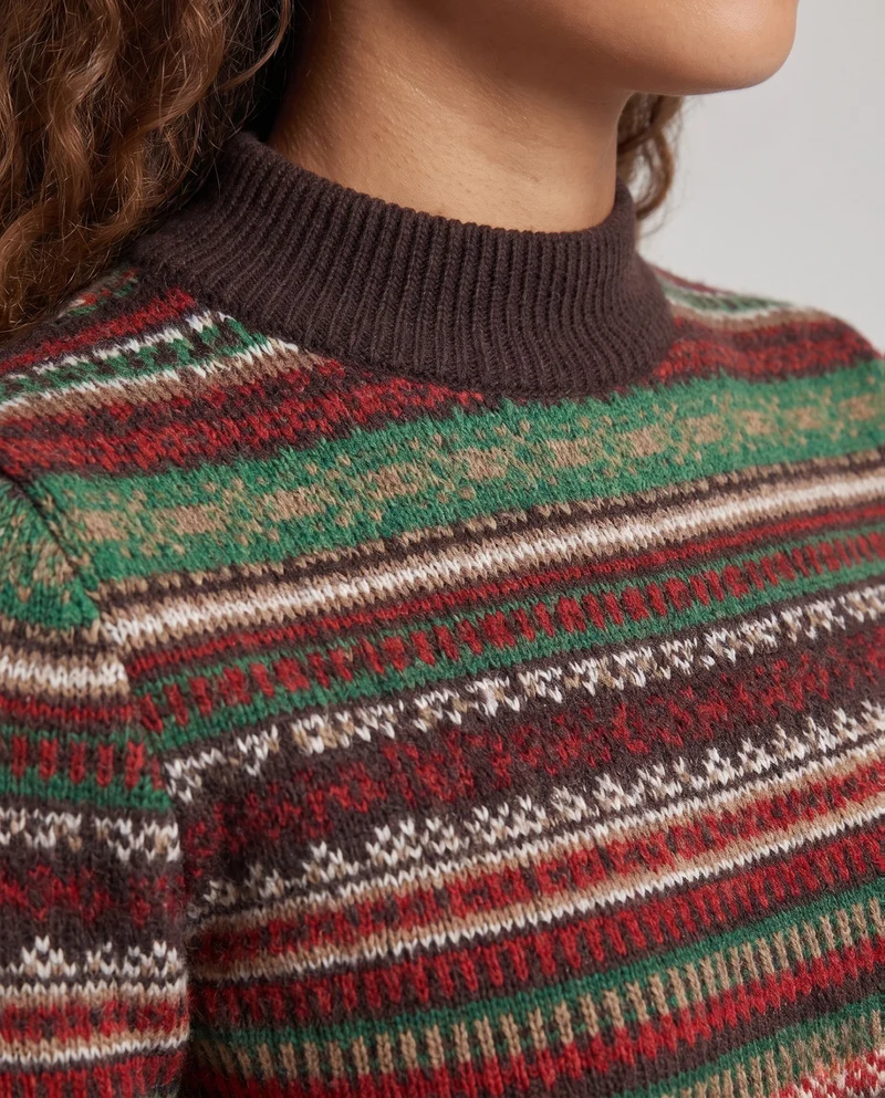 Damen Jacquard-Feinstrickpullover mit kurzem Stehkragen, kastiger Silhouette und Multistreifen-Design Nord Taschen