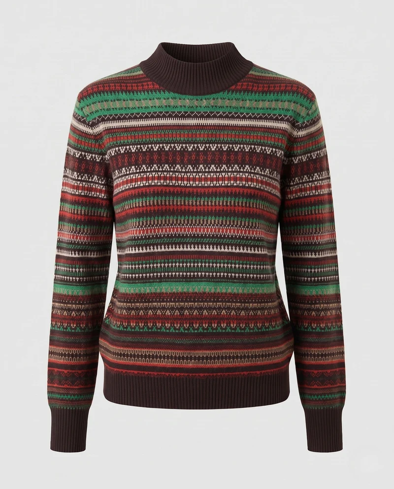 Damen Jacquard-Feinstrickpullover mit kurzem Stehkragen, kastiger Silhouette und Multistreifen-Design Nord Taschen