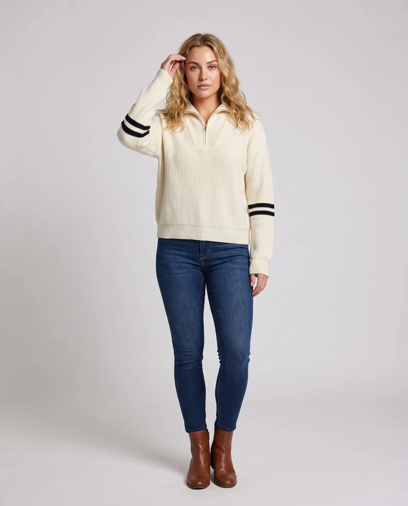 Damen Großer Rippenstrick-Pullover mit halbem Reißverschluss und hohem Kontrastkragen Nord Taschen