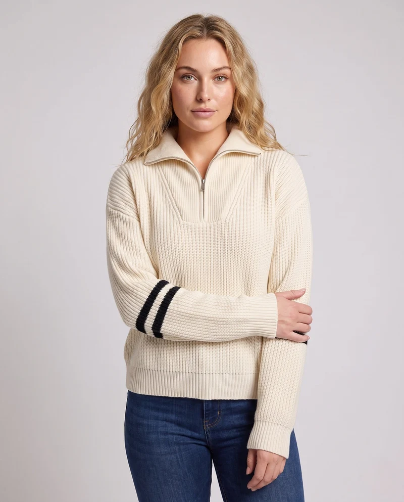 Damen Großer Rippenstrick-Pullover mit halbem Reißverschluss und hohem Kontrastkragen Nord Taschen