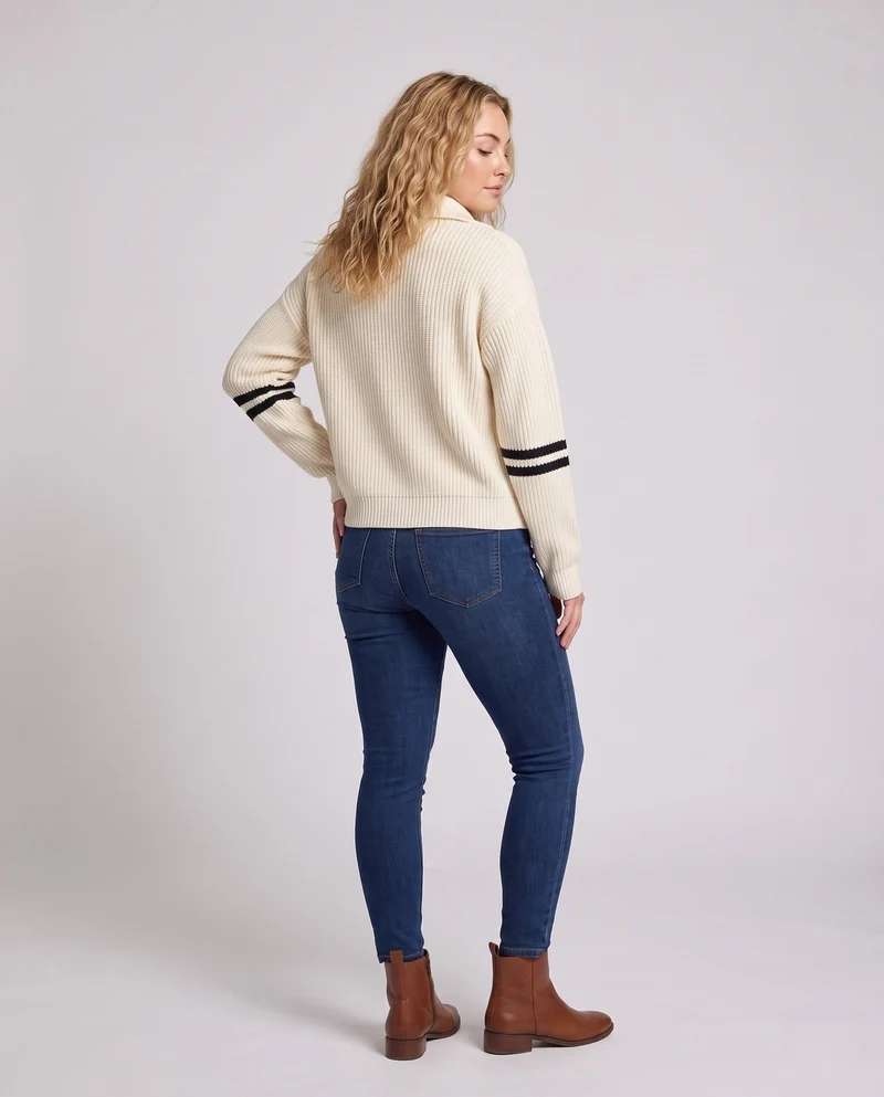 Damen Großer Rippenstrick-Pullover mit halbem Reißverschluss und hohem Kontrastkragen Nord Taschen