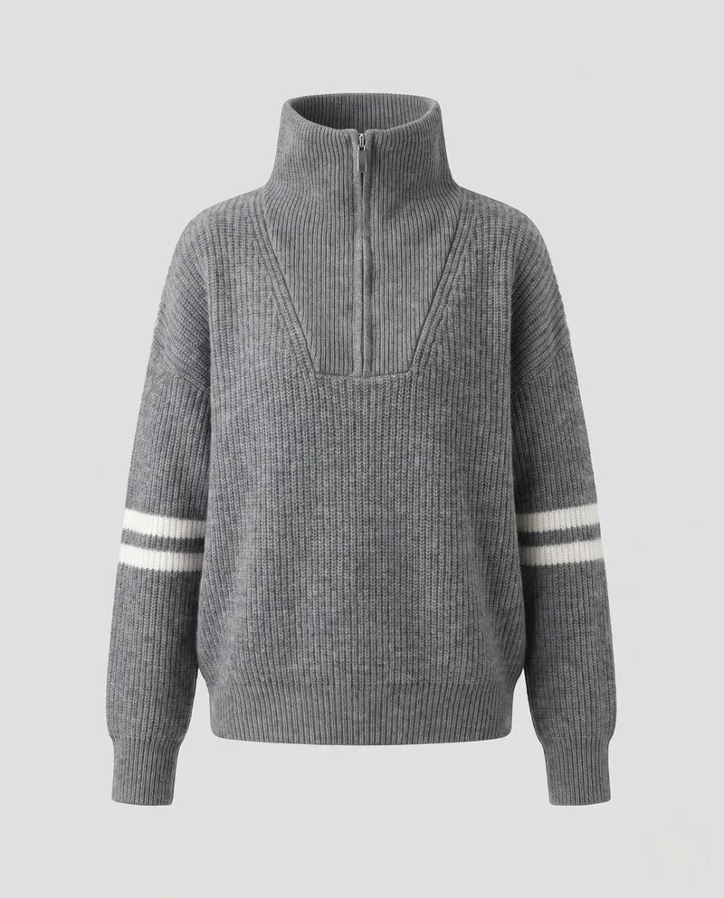 Damen Großer Rippenstrick-Pullover mit halbem Reißverschluss und hohem Kontrastkragen Nord Taschen