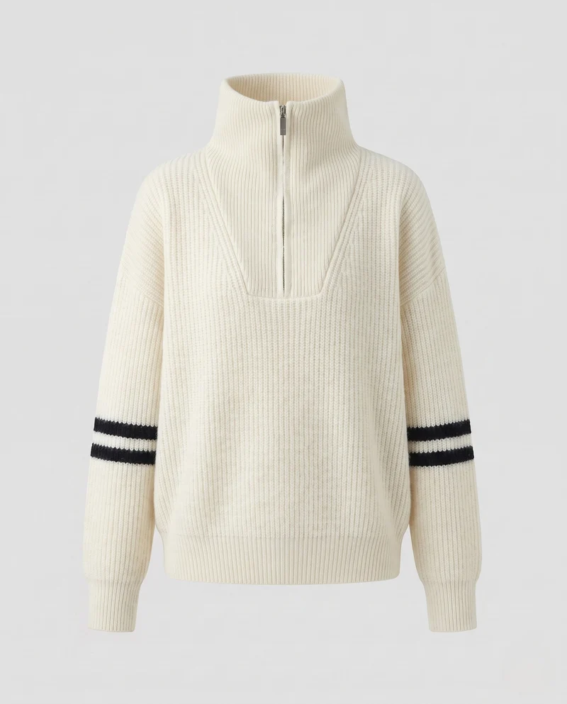 Damen Großer Rippenstrick-Pullover mit halbem Reißverschluss und hohem Kontrastkragen Nord Taschen