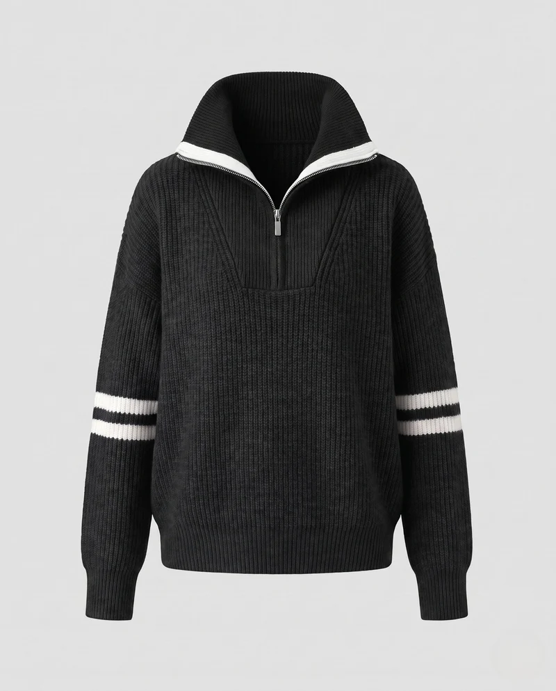 Damen Großer Rippenstrick-Pullover mit halbem Reißverschluss und hohem Kontrastkragen Nord Taschen