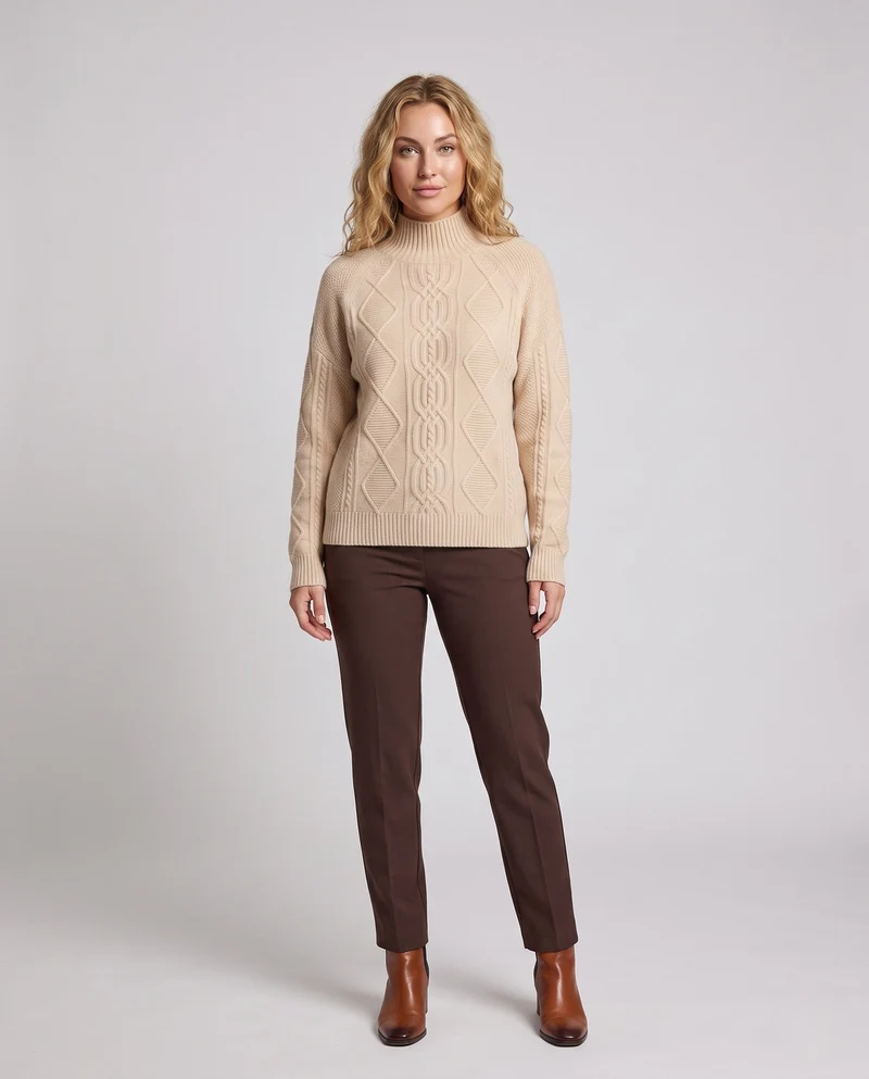 Damen Grobstrick-Rollkragenpullover mit Zopf- und Rautenmuster Nord Taschen