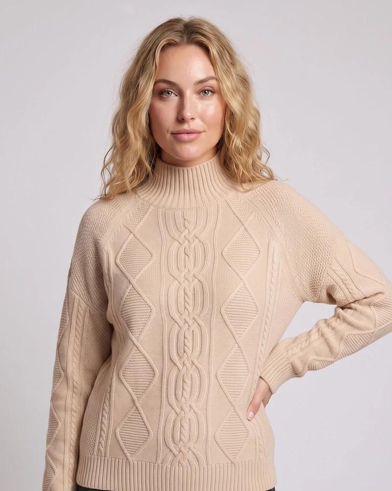 Damen Grobstrick-Rollkragenpullover mit Zopf- und Rautenmuster Nord Taschen