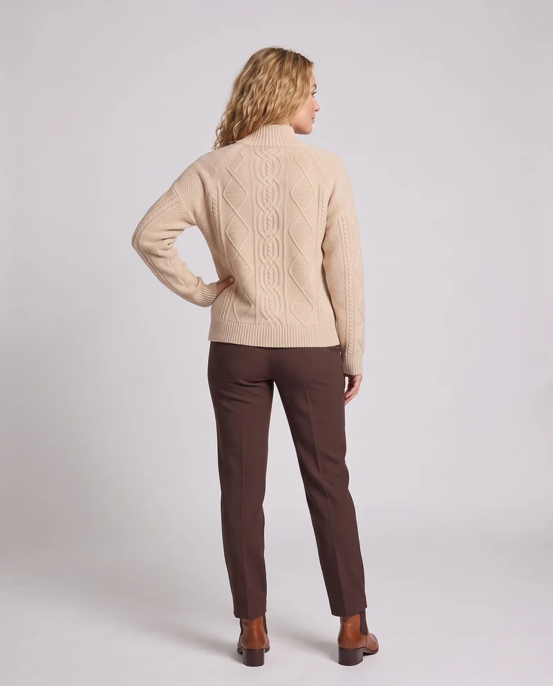 Damen Grobstrick-Rollkragenpullover mit Zopf- und Rautenmuster Nord Taschen