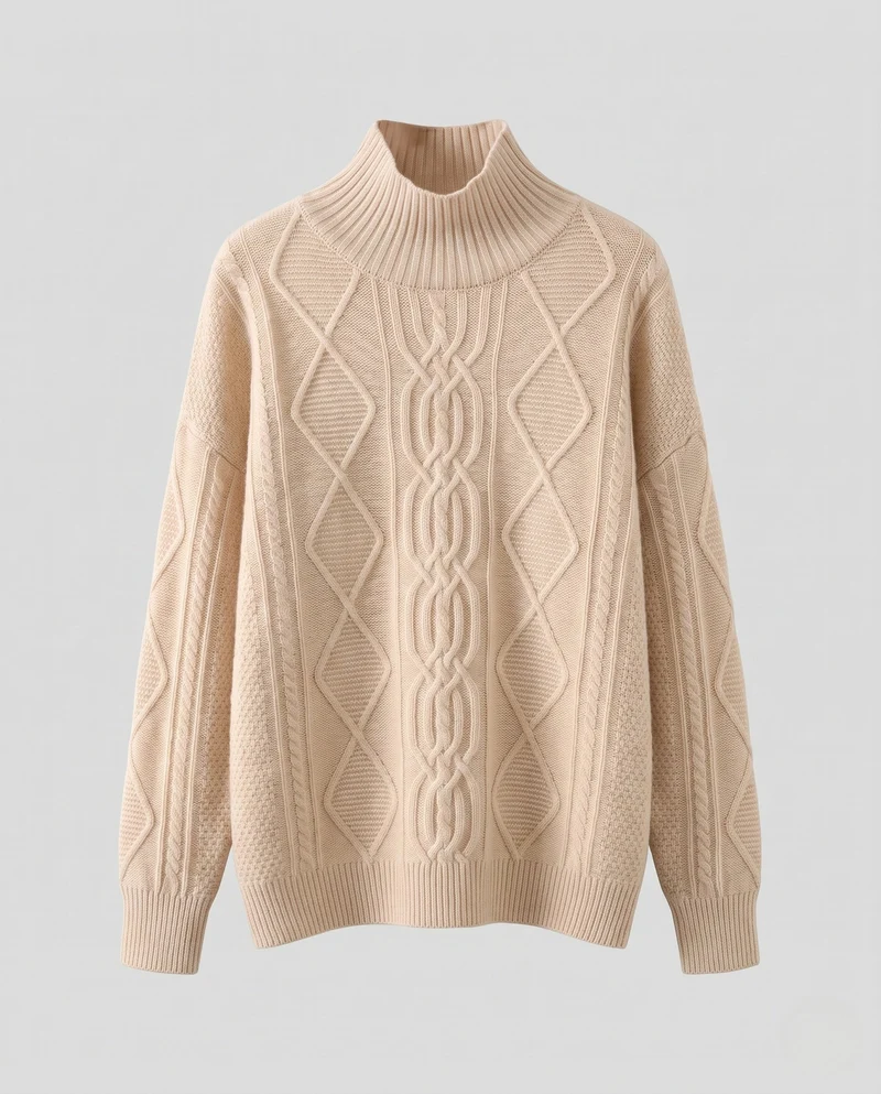 Damen Grobstrick-Rollkragenpullover mit Zopf- und Rautenmuster Nord Taschen