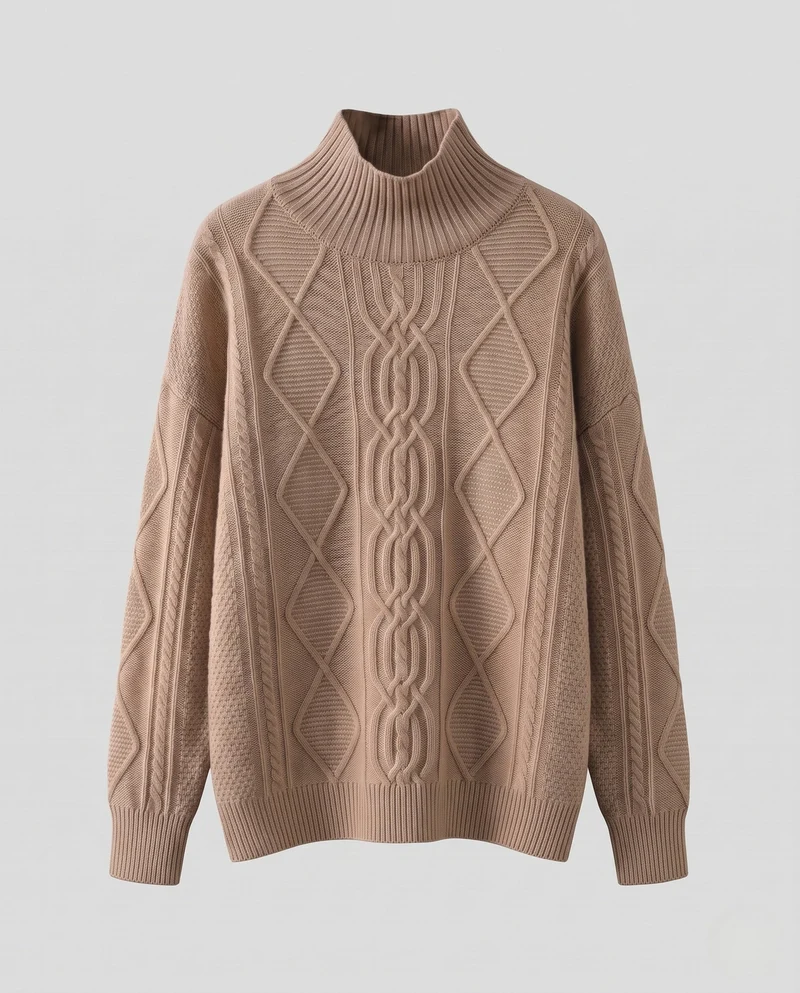Damen Grobstrick-Rollkragenpullover mit Zopf- und Rautenmuster Nord Taschen