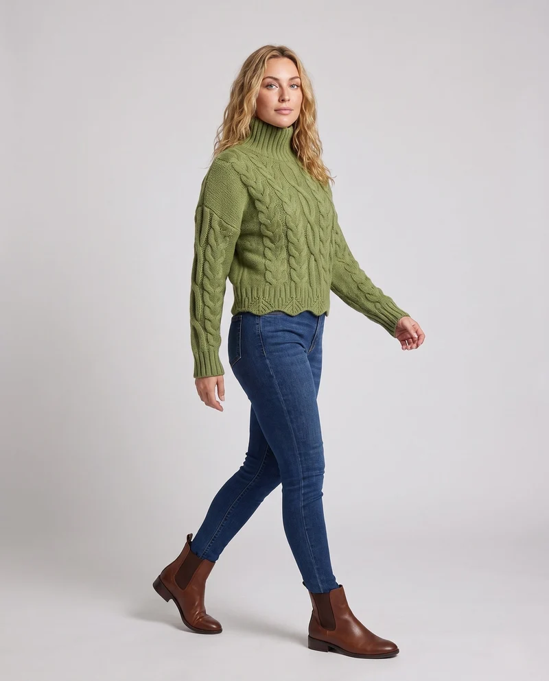 Damen Grobgestrickter Rollkragenpullover mit Zopfmuster und kastiger Silhouette Nord Taschen