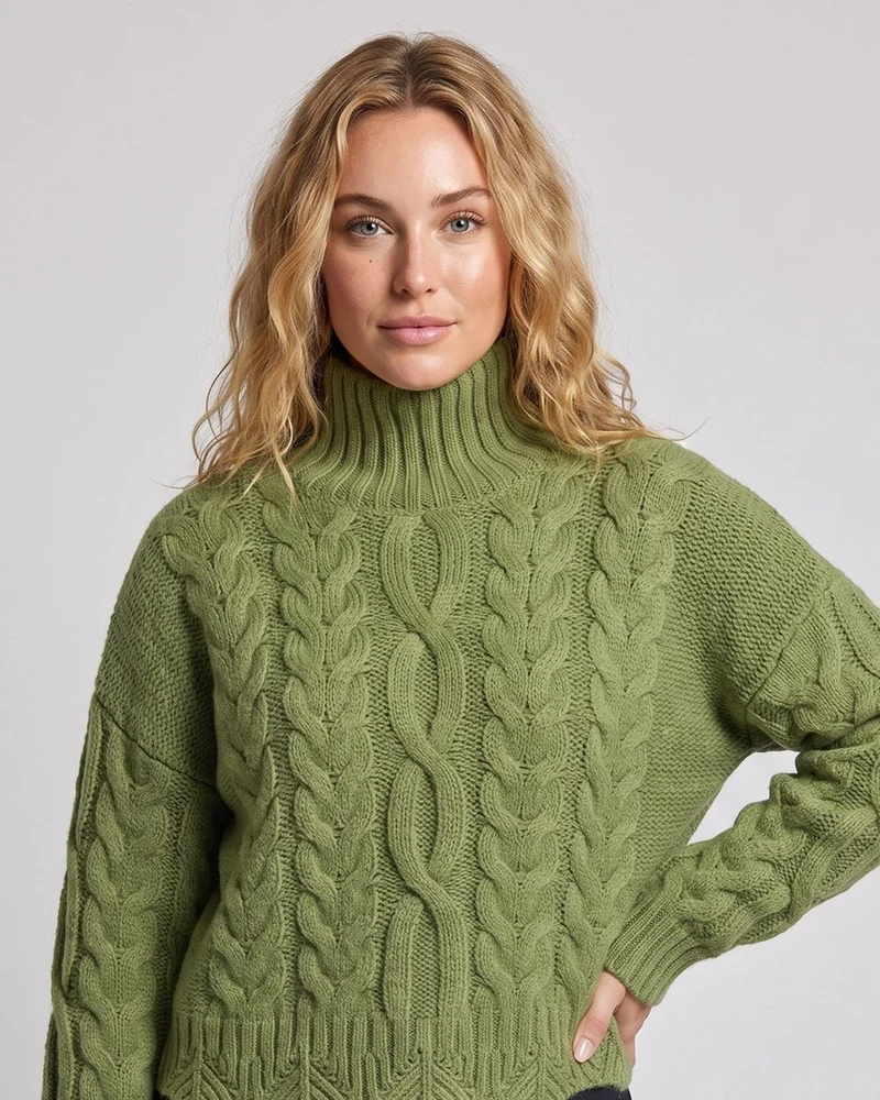 Damen Grobgestrickter Rollkragenpullover mit Zopfmuster und kastiger Silhouette Nord Taschen