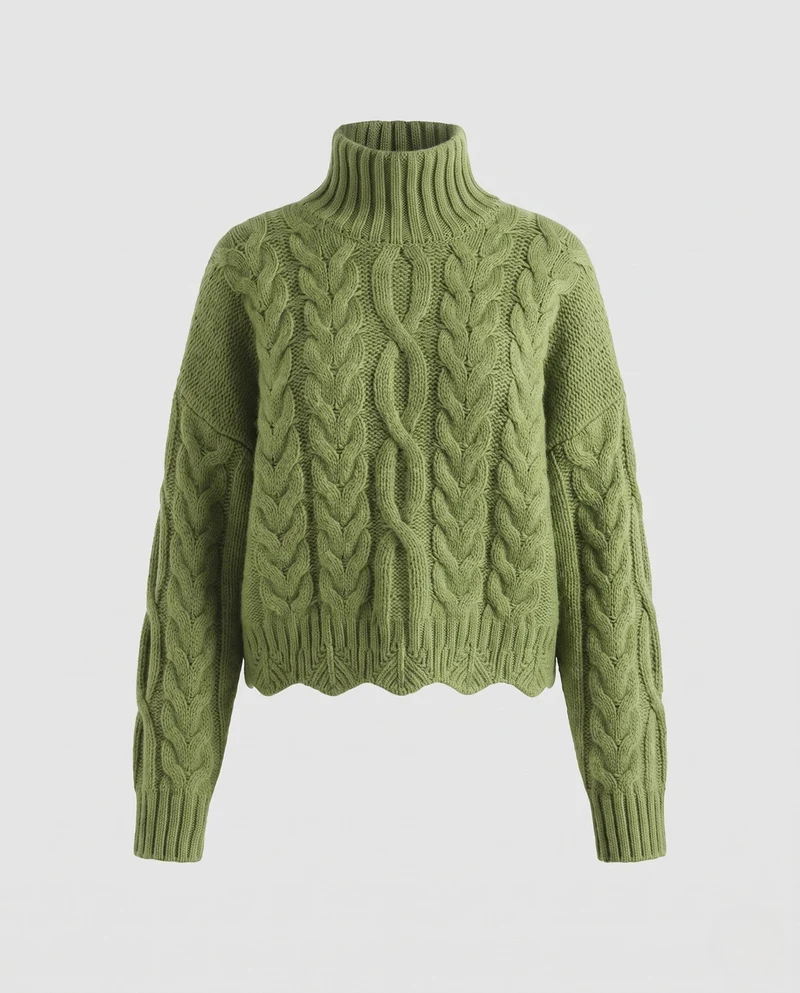 Damen Grobgestrickter Rollkragenpullover mit Zopfmuster und kastiger Silhouette Nord Taschen