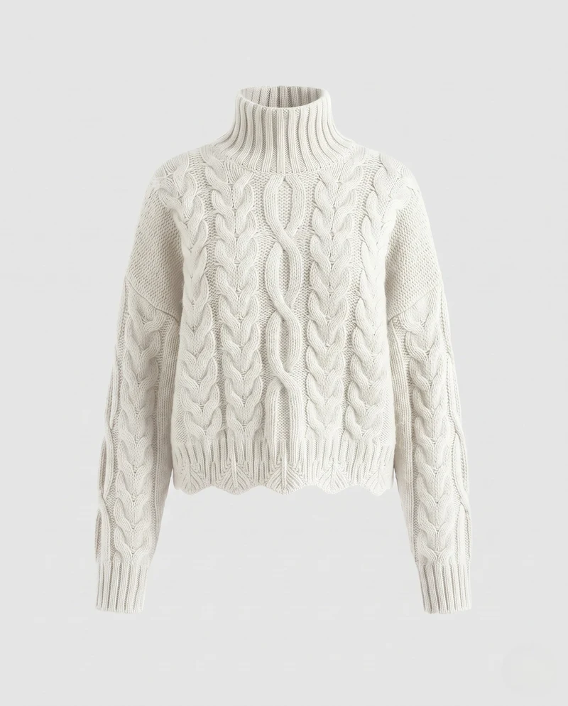 Damen Grobgestrickter Rollkragenpullover mit Zopfmuster und kastiger Silhouette Nord Taschen